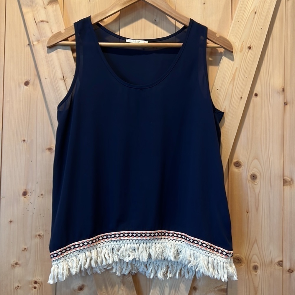 Le Lis Blue Sheer Tassle Sleeveless Tank Top Size Small